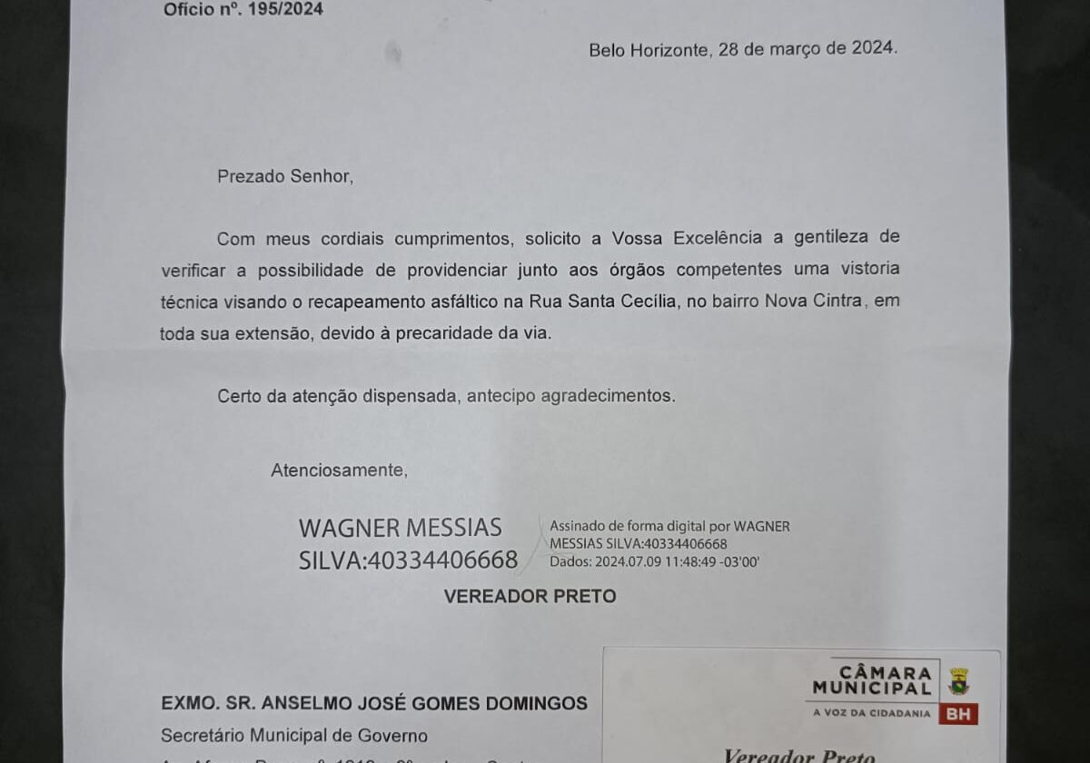 Data e destinatário: por que um ofício de vereador por asfaltamento chamou a atenção em BH