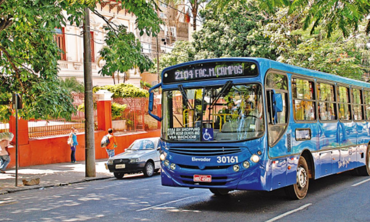 Foto mostra ônibus circulando em BH