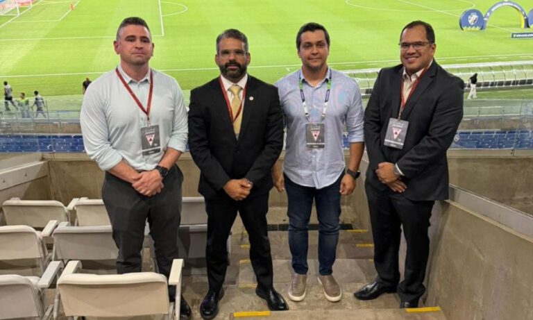 Lucas Gualtieri, procurador da República; o conselheiro do CNJ João Paulo Schoucar; Daniel Las Casas, da Federação Mineira de Futebol, e Dilson Pereira Junior, integrante do GT Paz nas Arenas.