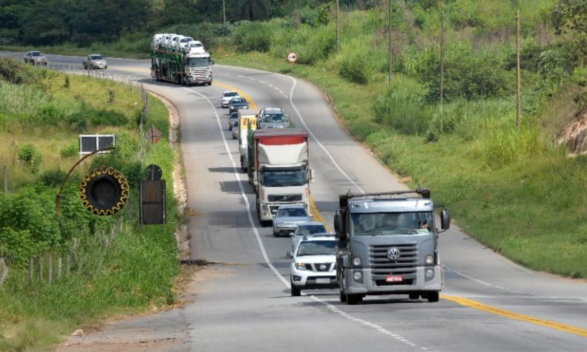 Trecho da BR-381 em Minas, com caminhão em primeiro plano, seguido por fila de veículos. Foto: Guilherme Bergamini/ALMG.