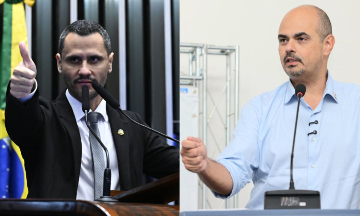 Cleitinho Azevedo de terno, no Senado Federal, dando joinha à esquerda; Mateus Simões, de camisa azul, em agenda no interior de Minas, à direita
