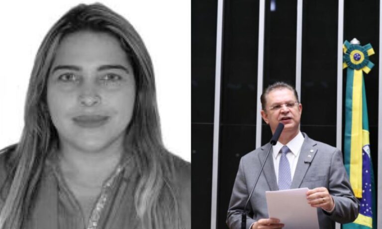 Adriana da Silva e Sousa à esquerda, em preto e branco; Sóstenes Cavalcante à direita, de terno e gravata.