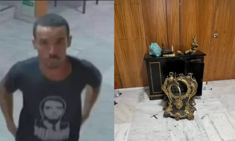 Antônio Cláudio Alves Ferreira à esquerda, com camisa com o rosto do ex-presidente Bolsonaro (PL); à direita, o relógio de Dom João VI destruído.