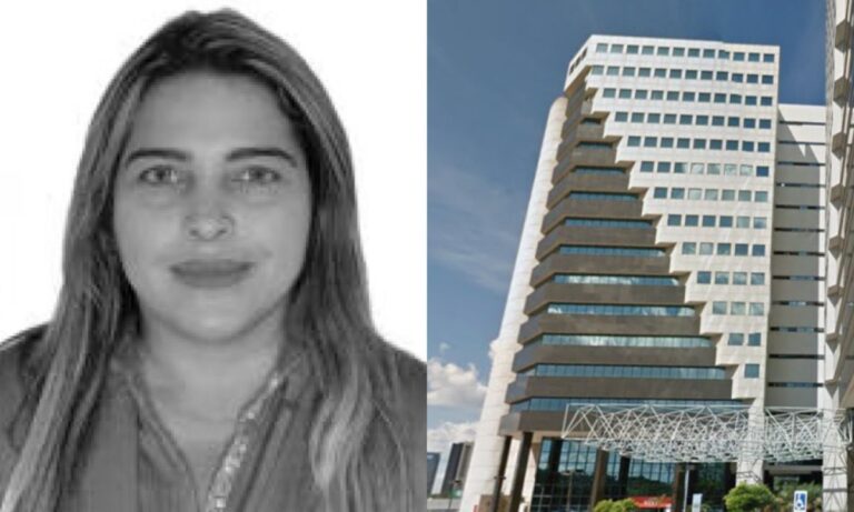 Adriana da Silva e Sousa à esquerda; à direita, prédio em Brasília
