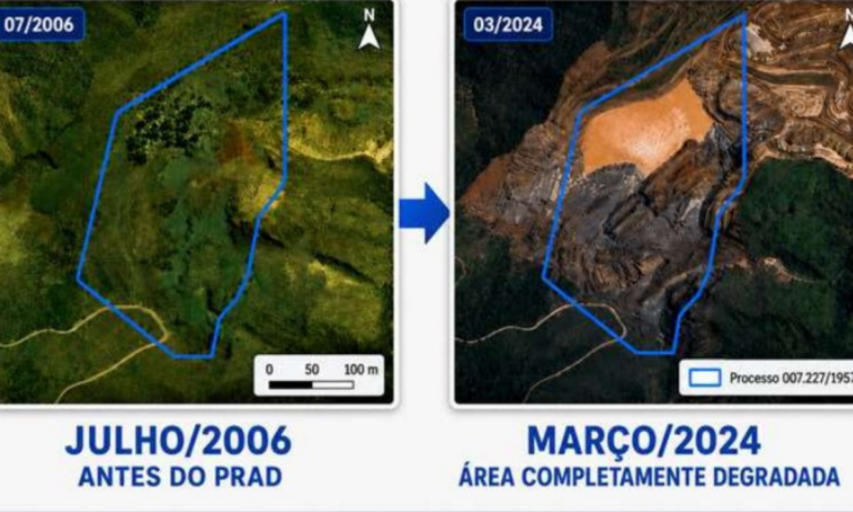 Comparação entre imagens. Na direita, imagem de serra com vegetação; na esqueda serra impactada por mineração.