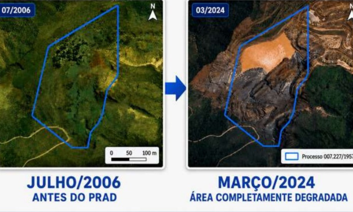 Comparação entre imagens. Na direita, imagem de serra com vegetação; na esqueda serra impactada por mineração.
