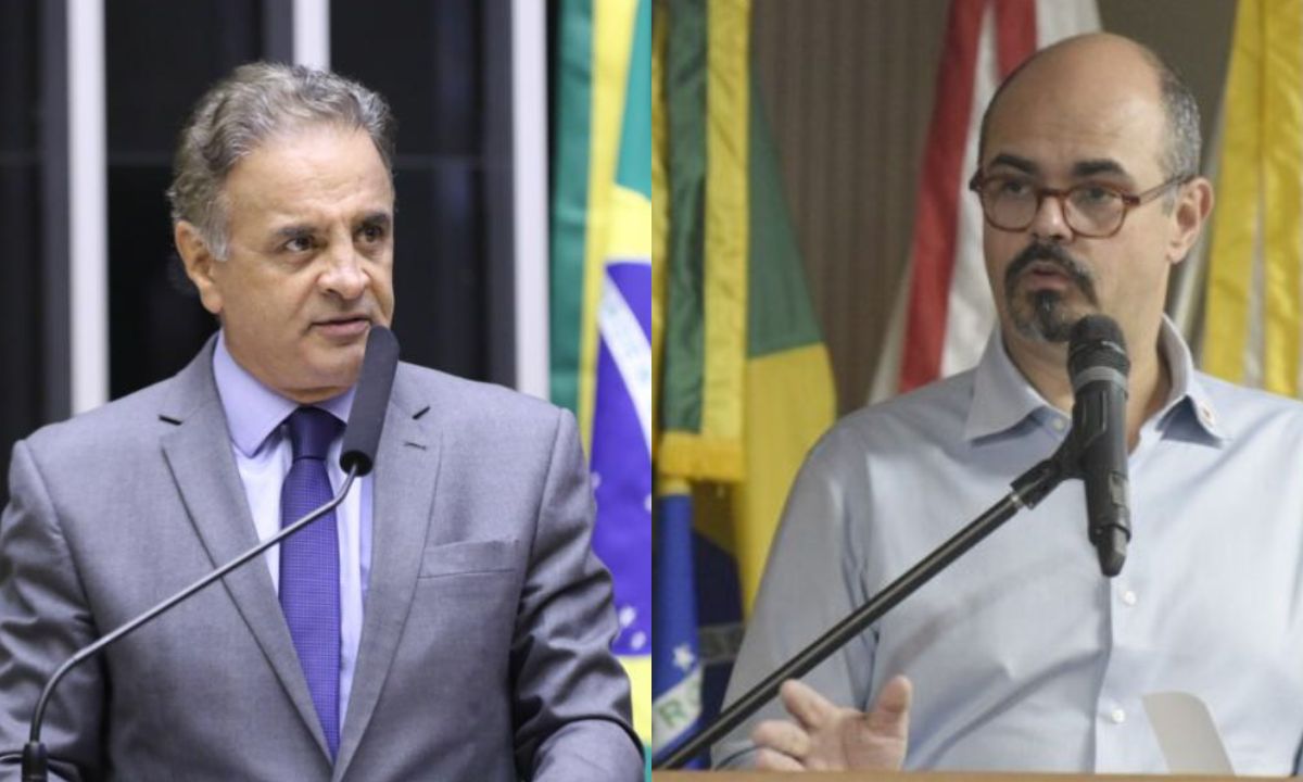 Aécio Neves à esquerda; Mateus Simões à direta