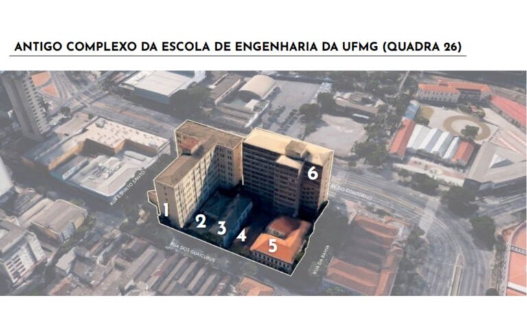 Esquema do projeto apresentado pela Prefeitura à SPU mostra os usos previstos para os edifícios do antigo complexo da Escola de Engenharia da UFMG.