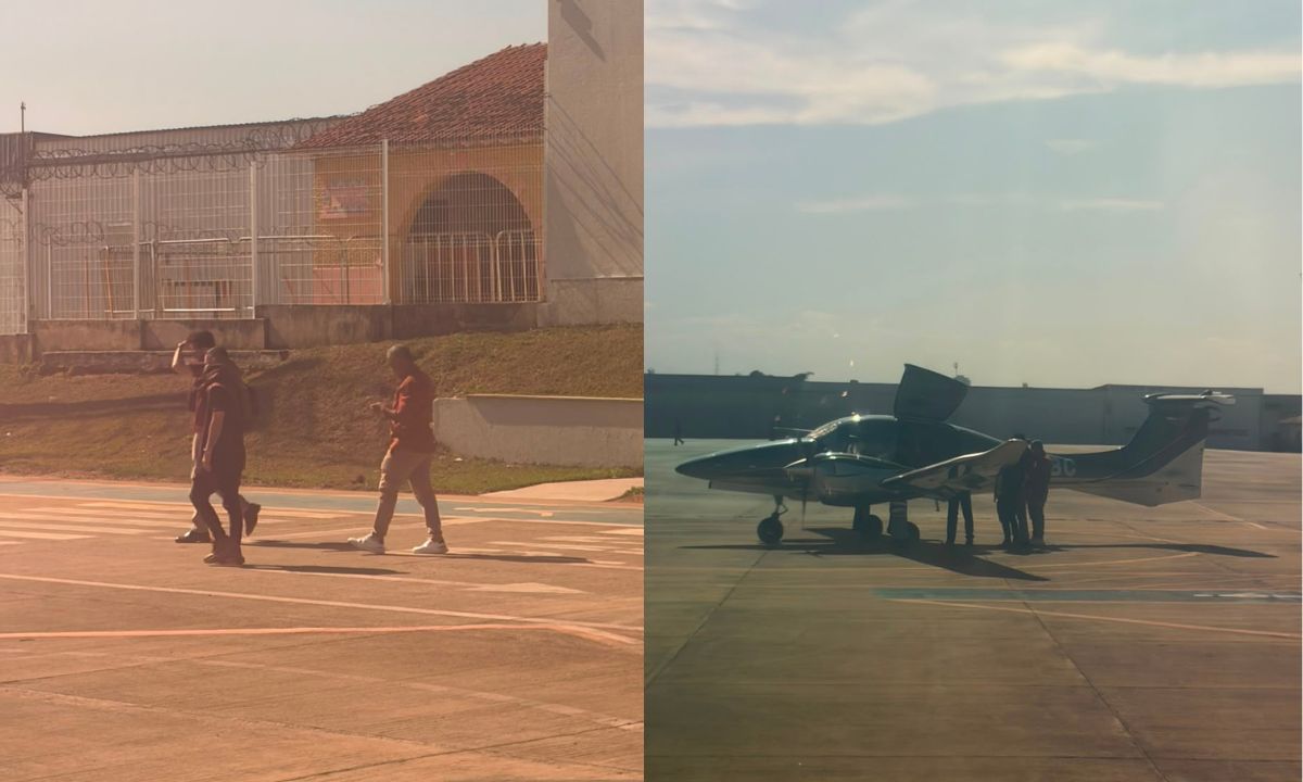 O senador Cleitinho Azevedo (Republicanos) e o ex-prefeito de Patos de Minas Luís Eduardo Falcão (Republicanos) são fotogrados ao embarcar na aeronave com matrícula PS-HBC.