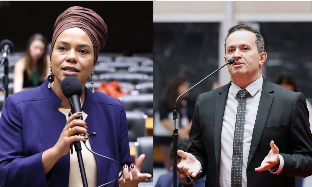 Dandara Tonatzin e Oscar Teixeira falando ao microfone