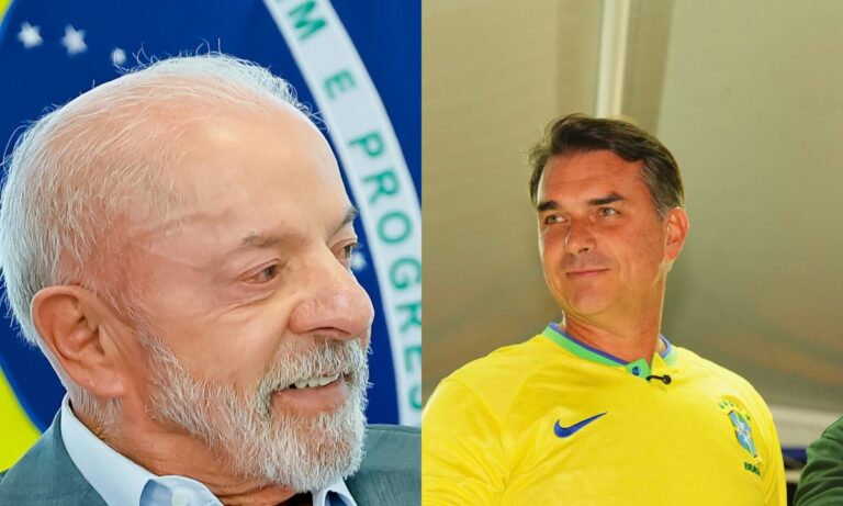 Lula à esquerda e Flávio Bolsonaro à direita