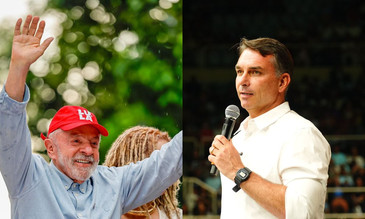 Lula à esquerda e Flávio Bolsonaro à direita.